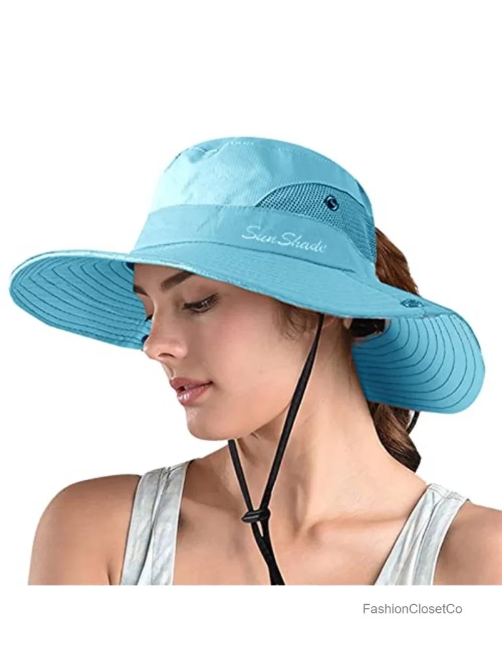 Wide Brim Safari Sun Hat with Ponytail Hole, UPF 50+ Foldable Fishing Hat